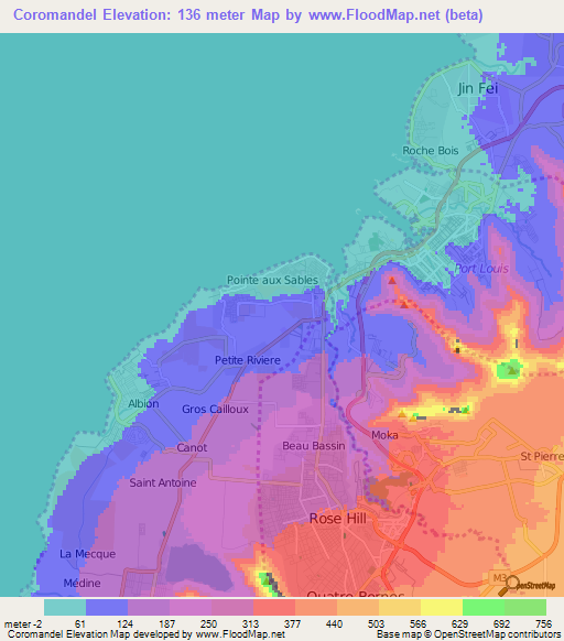 Coromandel,Mauritius Elevation Map