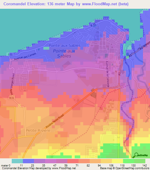 Coromandel,Mauritius Elevation Map