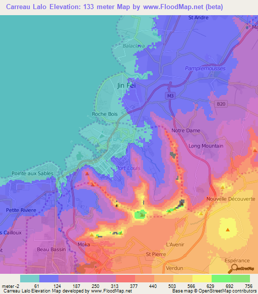 Carreau Lalo,Mauritius Elevation Map