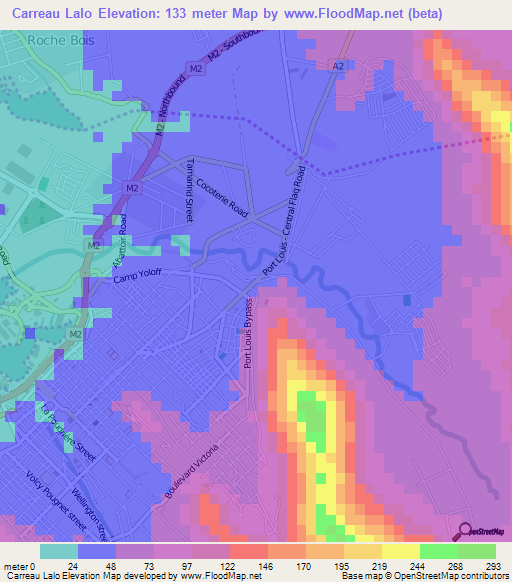Carreau Lalo,Mauritius Elevation Map