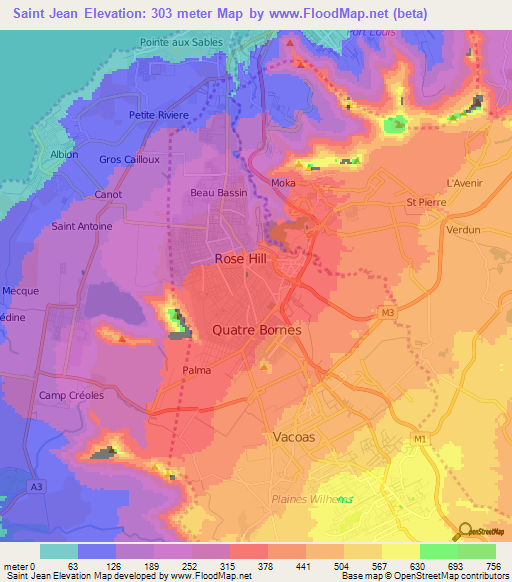 Saint Jean,Mauritius Elevation Map