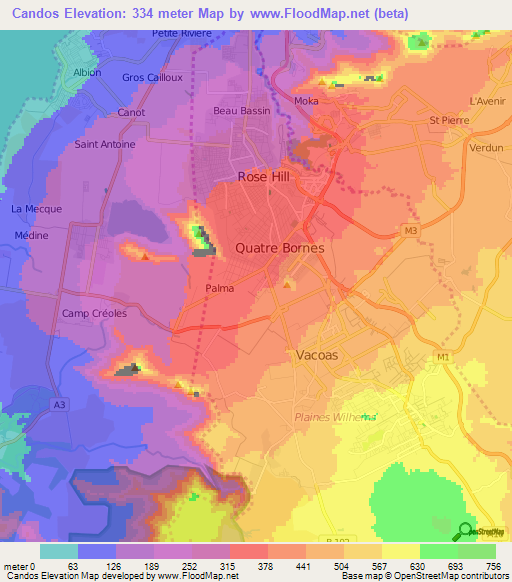 Candos,Mauritius Elevation Map