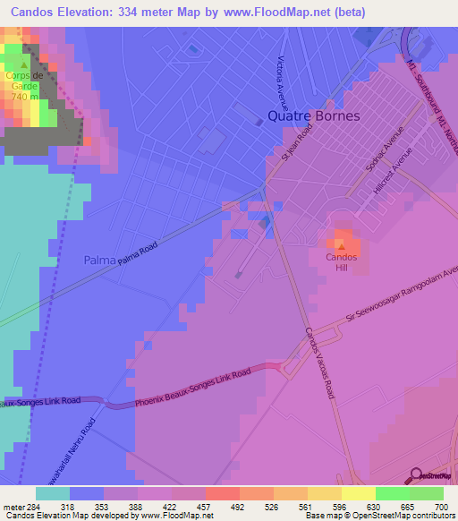 Candos,Mauritius Elevation Map