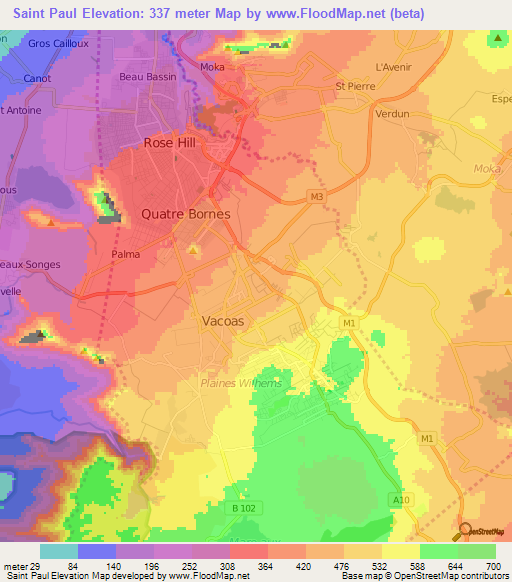 Saint Paul,Mauritius Elevation Map