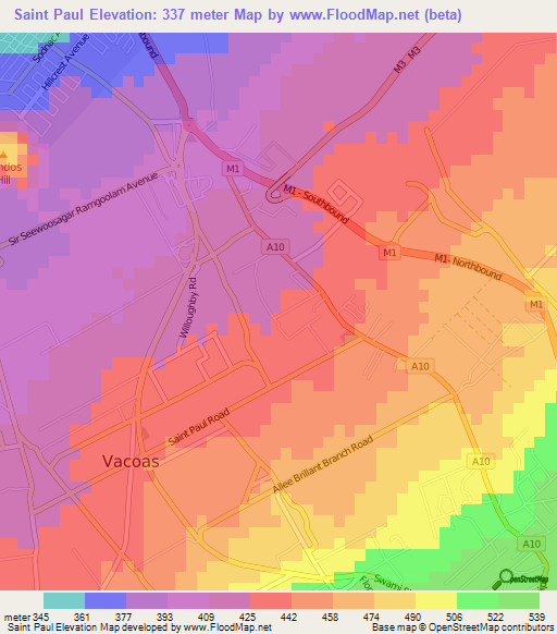 Saint Paul,Mauritius Elevation Map