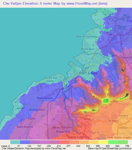 Cite Valijee,Mauritius Elevation Map