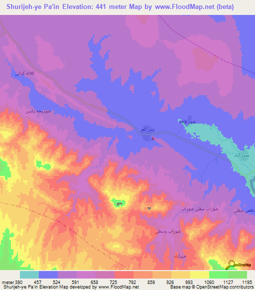 Shurijeh-ye Pa'in,Iran Elevation Map