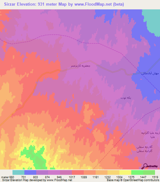 Sirzar,Iran Elevation Map