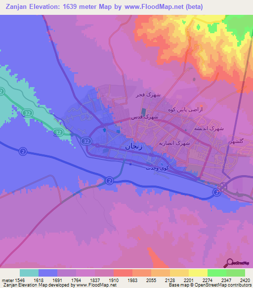 Zanjan,Iran Elevation Map