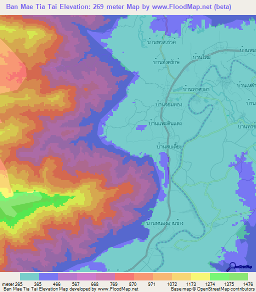 Ban Mae Tia Tai,Thailand Elevation Map