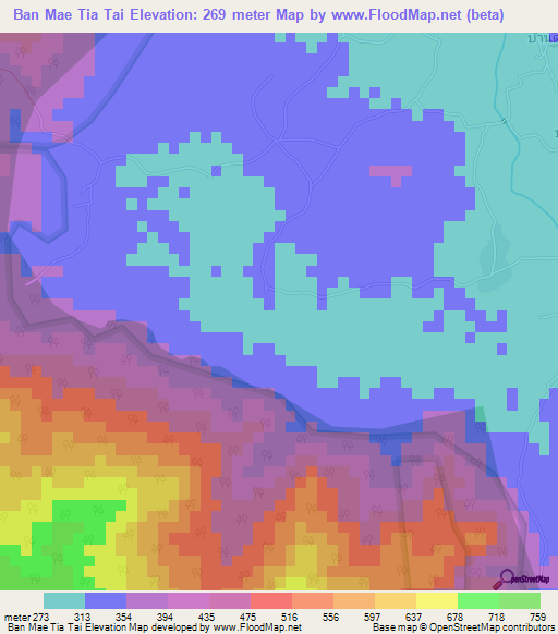 Ban Mae Tia Tai,Thailand Elevation Map
