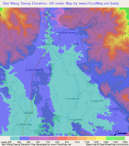 Ban Wang Daeng,Thailand Elevation Map