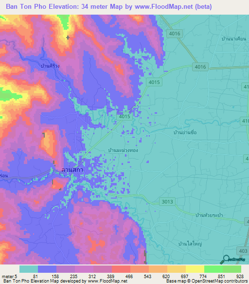 Ban Ton Pho,Thailand Elevation Map
