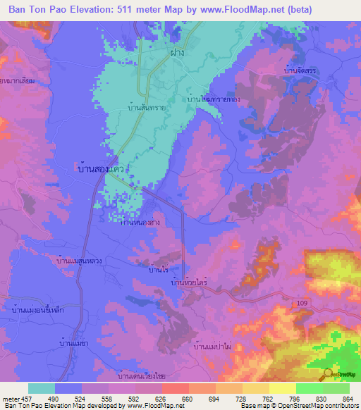 Ban Ton Pao,Thailand Elevation Map