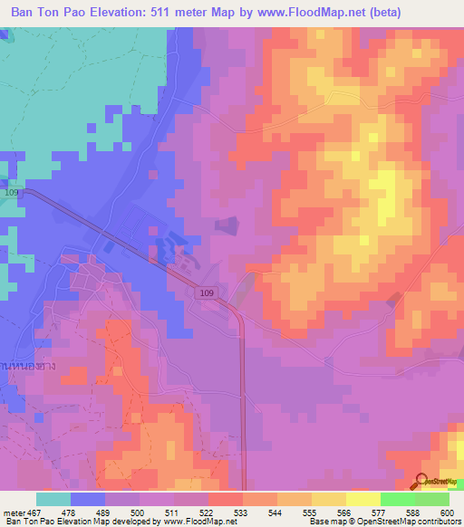 Ban Ton Pao,Thailand Elevation Map