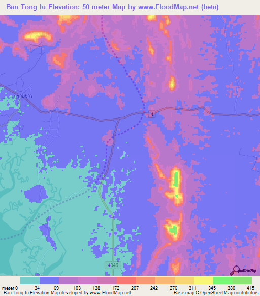 Ban Tong Iu,Thailand Elevation Map