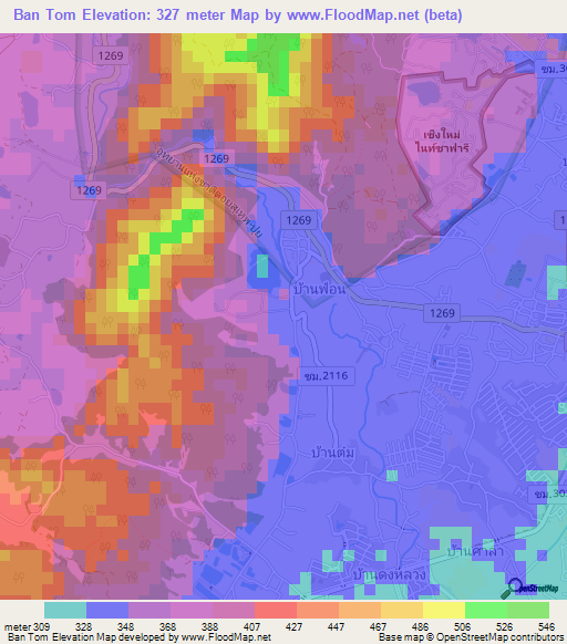 Ban Tom,Thailand Elevation Map