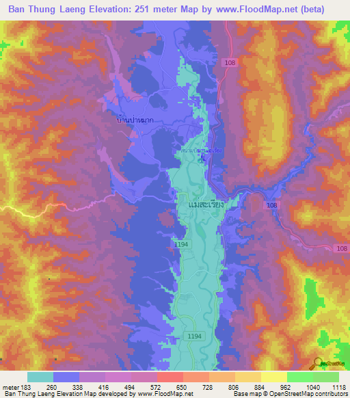 Ban Thung Laeng,Thailand Elevation Map