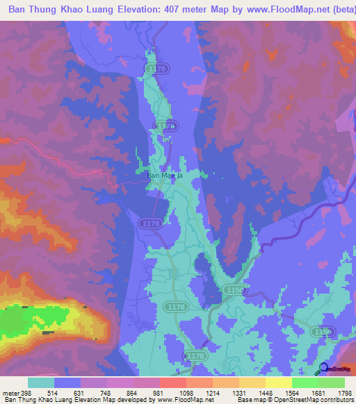 Ban Thung Khao Luang,Thailand Elevation Map