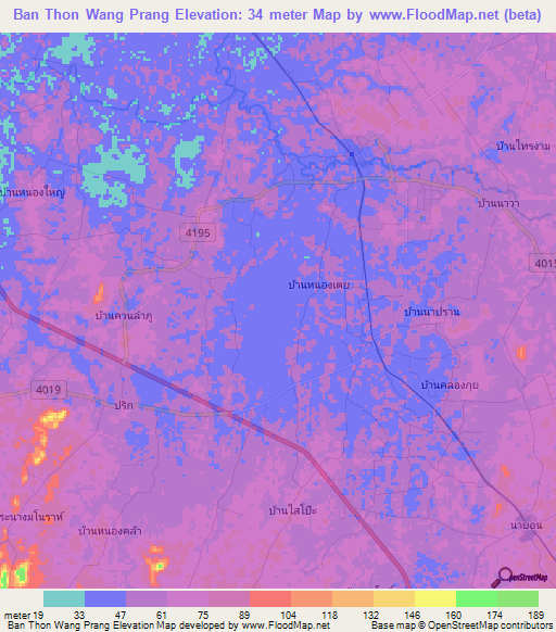 Ban Thon Wang Prang,Thailand Elevation Map