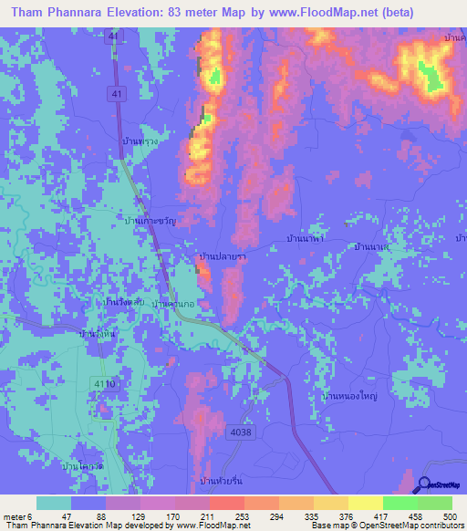 Tham Phannara,Thailand Elevation Map