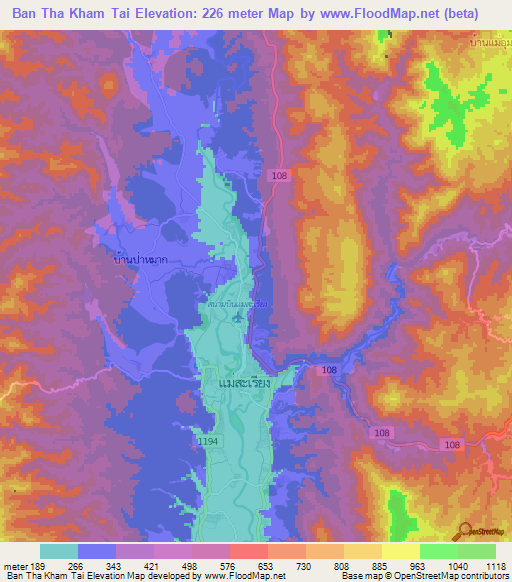 Ban Tha Kham Tai,Thailand Elevation Map