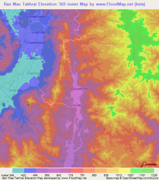 Ban Mae Takhrai,Thailand Elevation Map