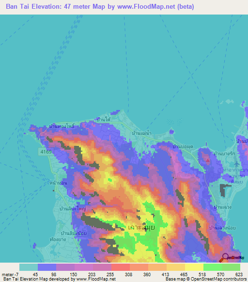 Ban Tai,Thailand Elevation Map