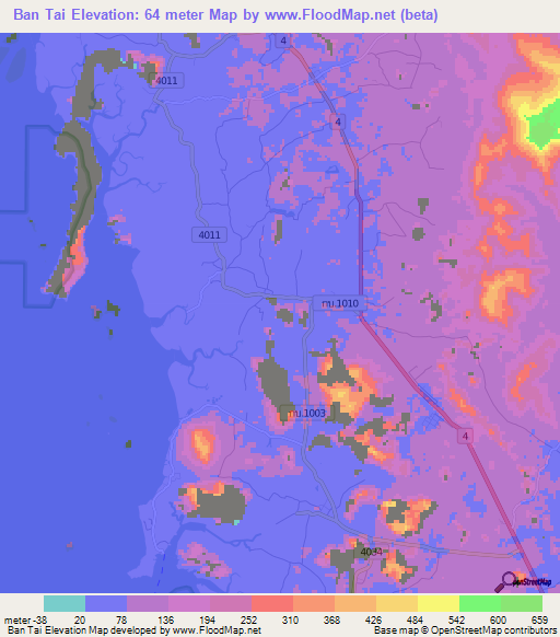 Ban Tai,Thailand Elevation Map