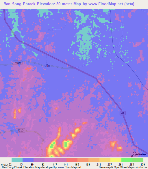 Ban Song Phraek,Thailand Elevation Map