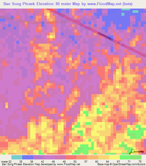 Ban Song Phraek,Thailand Elevation Map