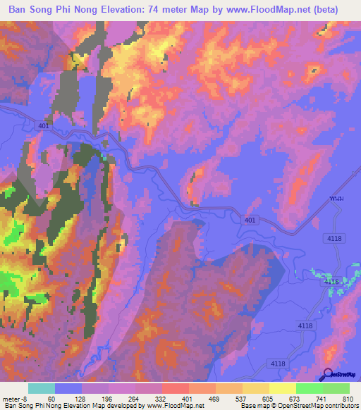 Ban Song Phi Nong,Thailand Elevation Map