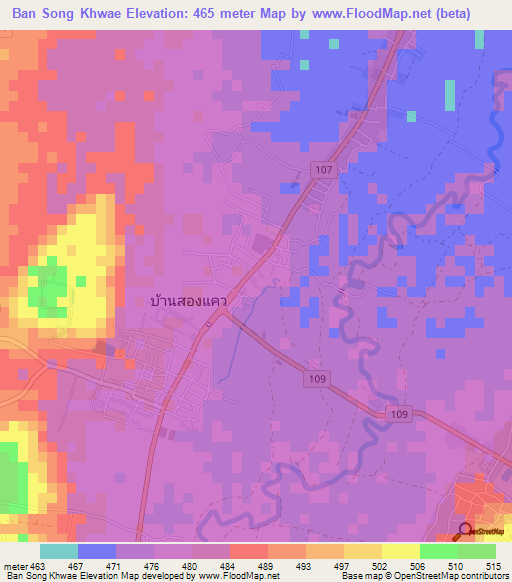 Ban Song Khwae,Thailand Elevation Map