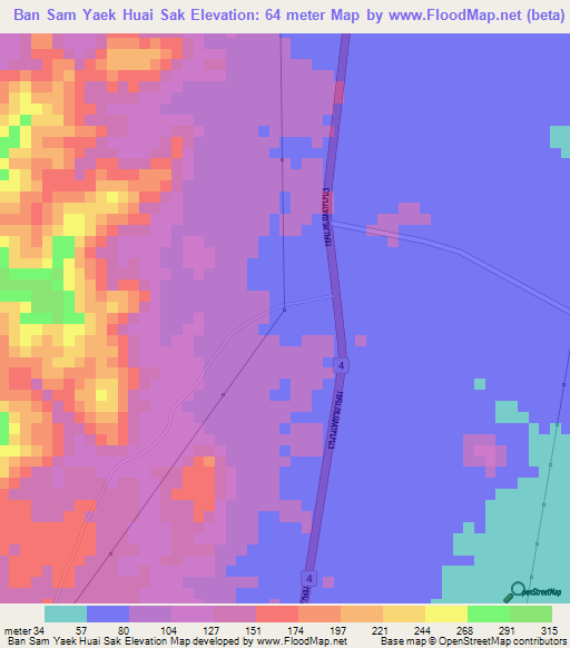Ban Sam Yaek Huai Sak,Thailand Elevation Map