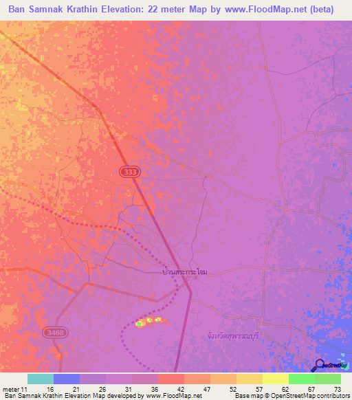 Ban Samnak Krathin,Thailand Elevation Map