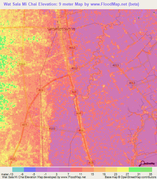 Wat Sala Mi Chai,Thailand Elevation Map
