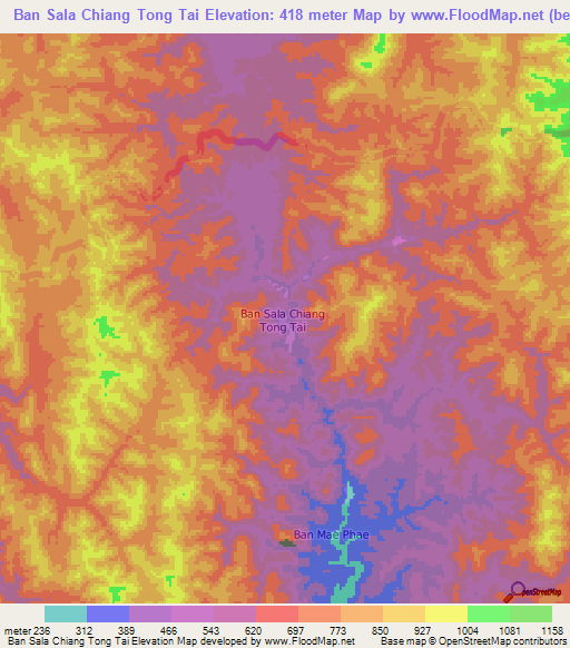 Ban Sala Chiang Tong Tai,Thailand Elevation Map