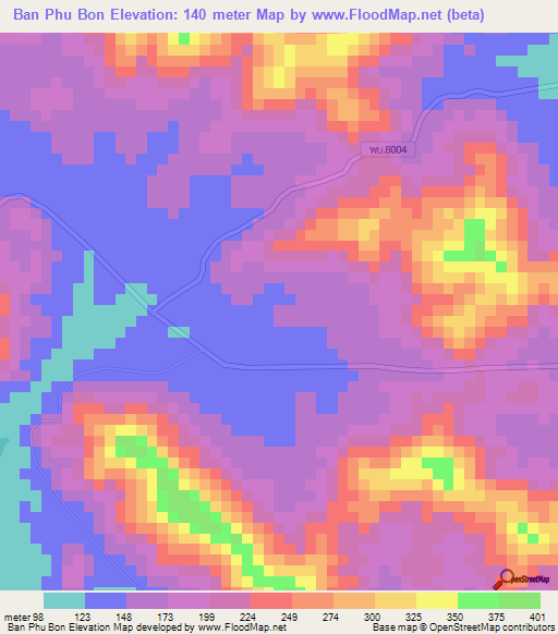 Ban Phu Bon,Thailand Elevation Map