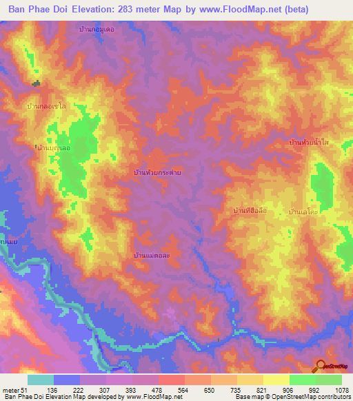 Ban Phae Doi,Thailand Elevation Map