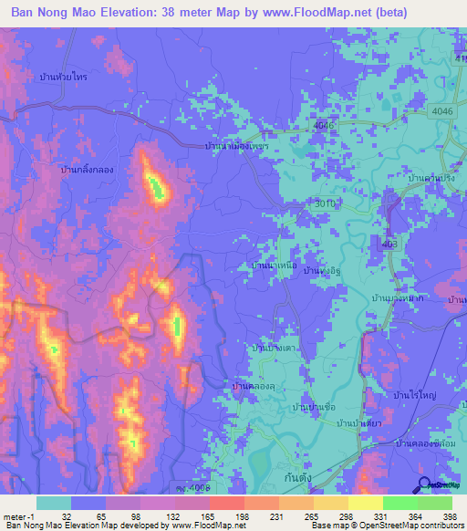 Ban Nong Mao,Thailand Elevation Map