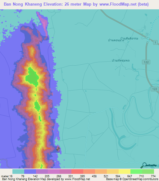 Ban Nong Khaneng,Thailand Elevation Map