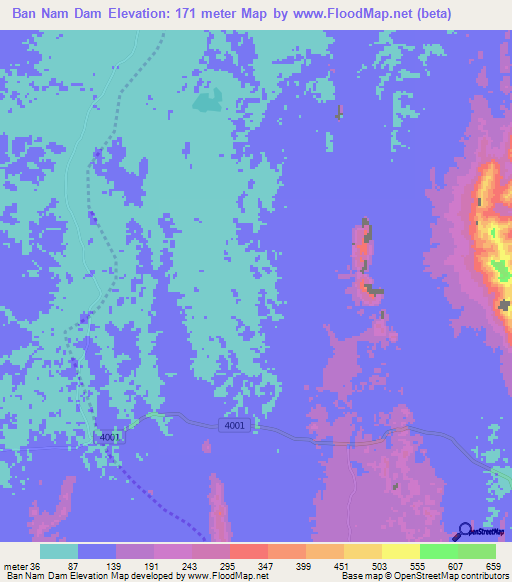 Ban Nam Dam,Thailand Elevation Map