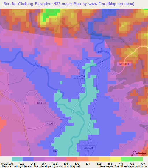 Ban Na Chalong,Thailand Elevation Map