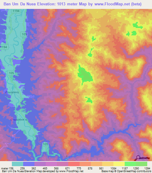 Ban Um Da Nuea,Thailand Elevation Map