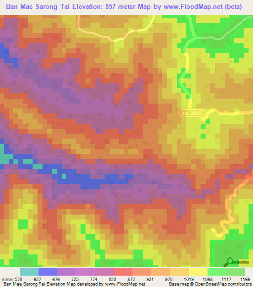 Ban Mae Sarong Tai,Thailand Elevation Map