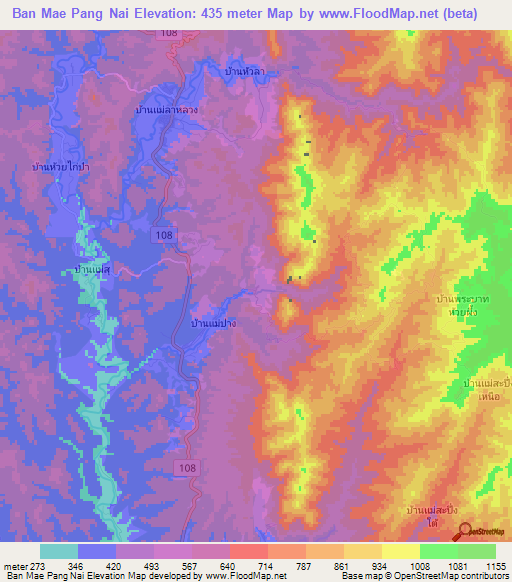 Ban Mae Pang Nai,Thailand Elevation Map