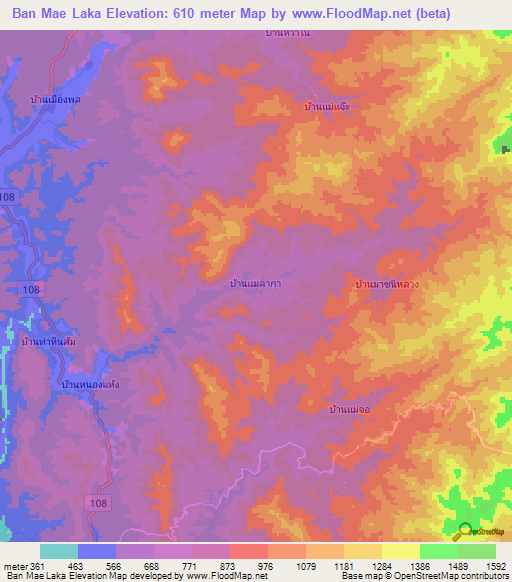 Ban Mae Laka,Thailand Elevation Map