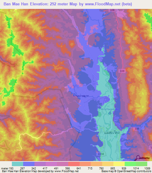 Ban Mae Han,Thailand Elevation Map