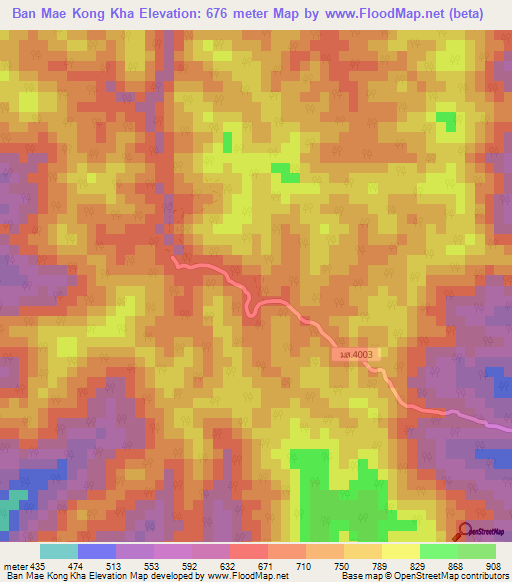 Ban Mae Kong Kha,Thailand Elevation Map