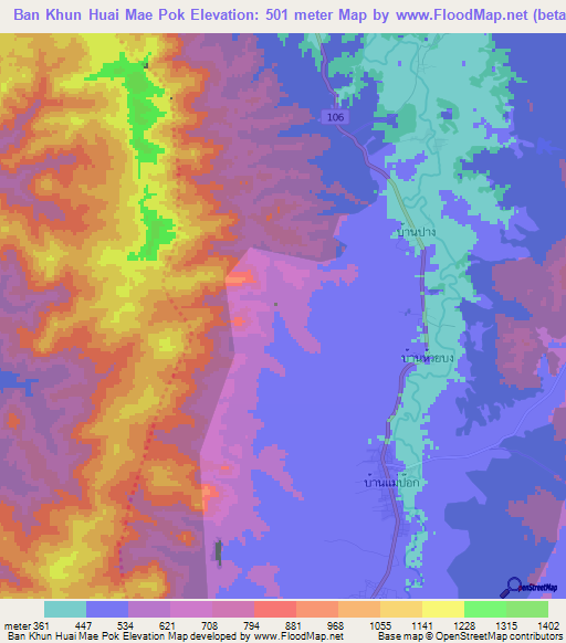 Ban Khun Huai Mae Pok,Thailand Elevation Map